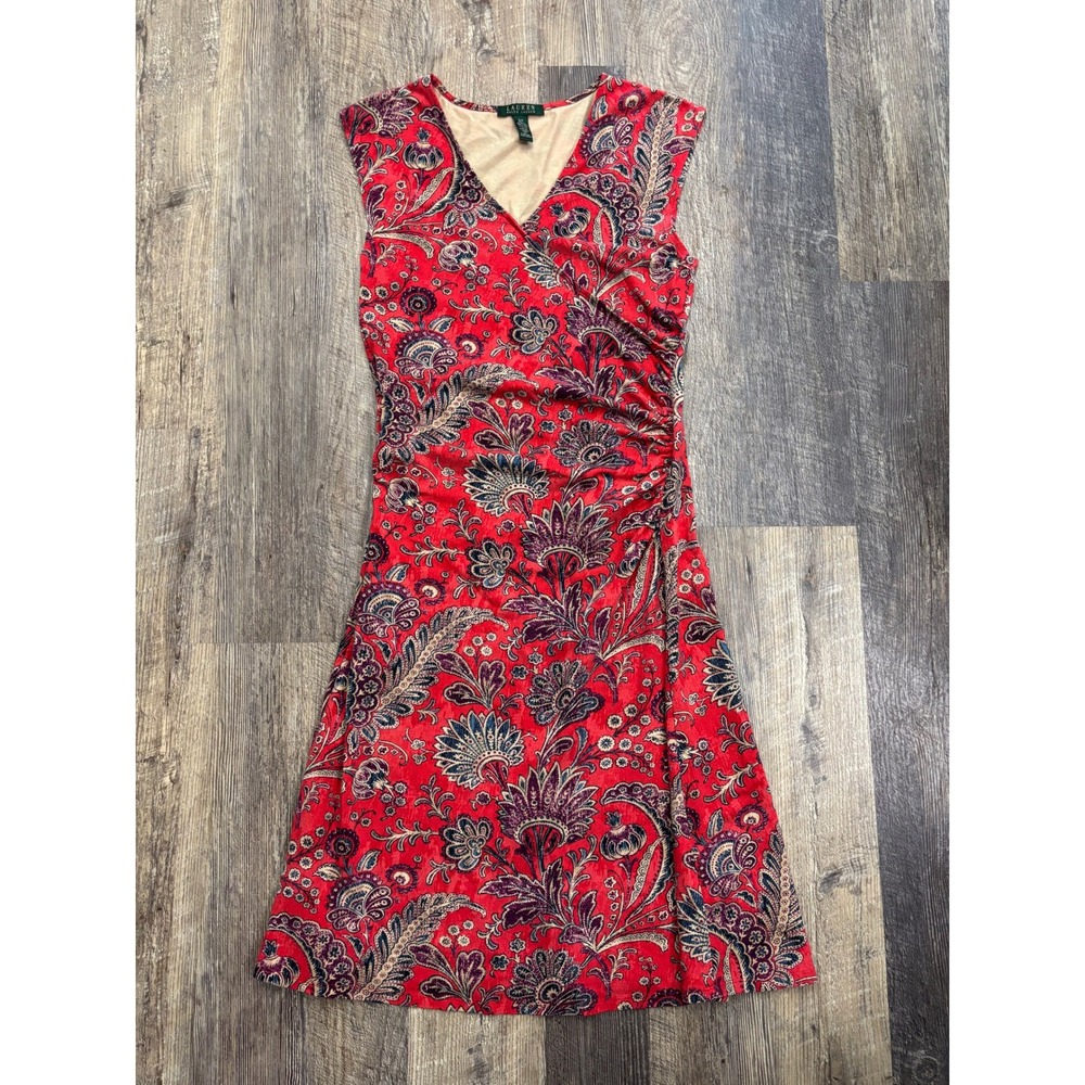 Lauren Ralph Lauren Red Paisley Faux‎ Wrap Sheath Dress Sleeveless V-Neck Small